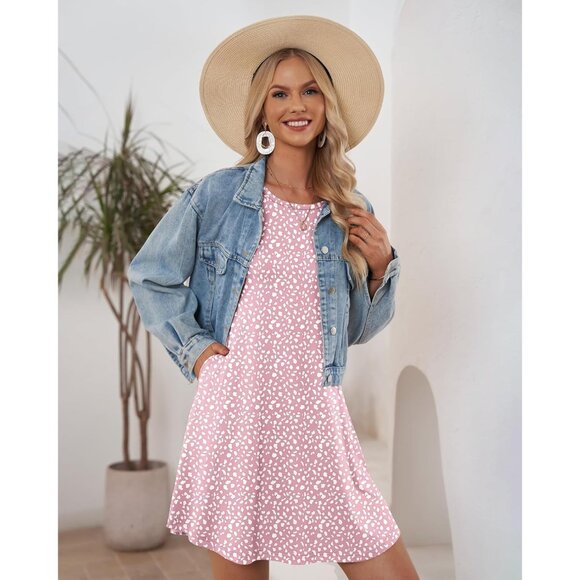 Women's Pink Horseshoe Sleeveless Crew Neck Summer Boho Beach Dress with Pockets - Picture 3 of 5